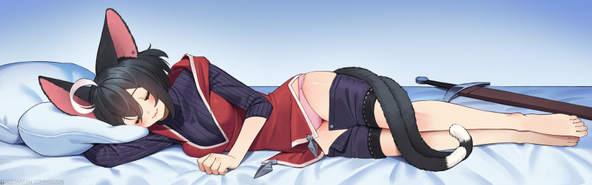 1girl absurdres ahoge animal_ears barefoot black_hair breasts cat_ears cat_girl cat_tail closed_eyes closed_mouth clothes_pull feet full_body highres lying medium_breasts multicolored_hair multiple_tails on_side original panties pillow pink_panties purple_shorts purple_sweater ribbed_sweater sheath sheathed short_hair shorts shorts_pull smile solo streaked_hair sweater sword tail tostantan two_tails underwear weapon white_hair