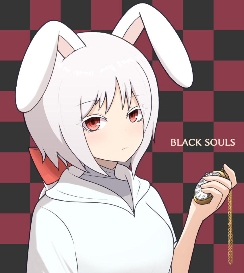 1girl animal_ears black_souls braid chain checkered_background cloak closed_mouth dress hand_up highres holding holding_pocket_watch long_hair long_sleeves looking_at_viewer node_(black_souls) pocket_watch rabbit_ears red_eyes solo udododo very_long_hair watch white_cloak white_dress white_hair