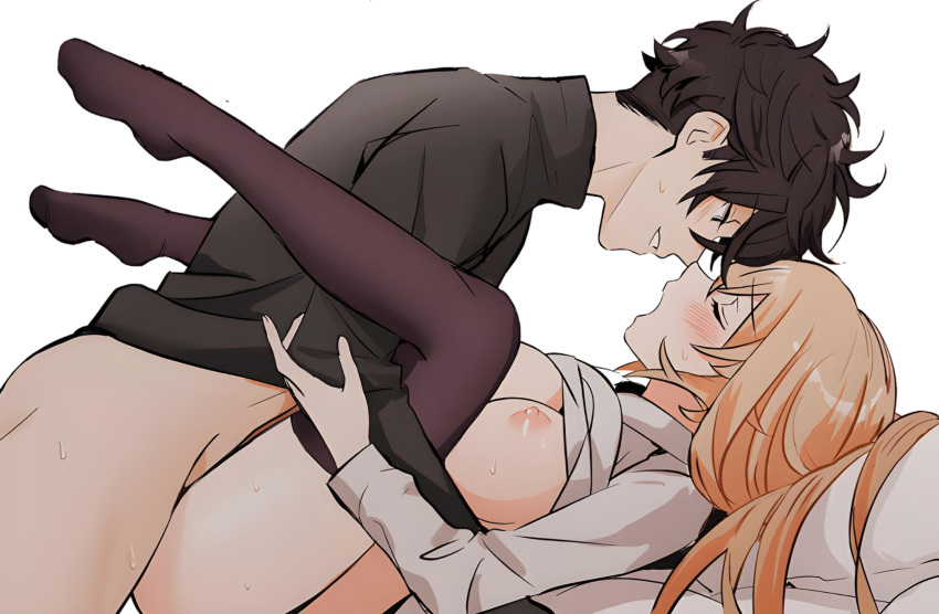 1boy 1girl ass bar_censor black_hair black_pants black_shirt blonde_hair blush boots bottomless breasts brother_and_sister brown_footwear censored closed_eyes commentary_request doromame grin happy happy_sex highres holding hood hood_down hoodie incest large_breasts legs_up nakiri_asahi nakiri_erina nipples no_shoes non-web_source open_mouth oral pants pussy scabbard sex shaved_crotch sheath sheathed shirt shokugeki_no_souma siblings smile sword thighhighs tongue weapon