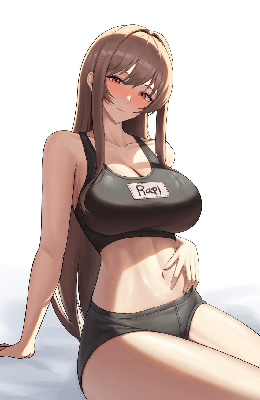 1girl absurdres arm_support bare_arms bare_shoulders black_shirt black_shorts black_sports_bra blush bodam breasts brown_hair cleavage closed_mouth collarbone crop_top goddess_of_victory:_nikke hand_on_own_stomach highres large_breasts long_hair looking_at_viewer micro_shorts midriff name_tag navel nose_blush rapi_(nikke) red_eyes shirt short_shorts shorts sidelocks simple_background sitting sleeveless sleeveless_shirt solo sports_bra stomach thighs very_long_hair white_background