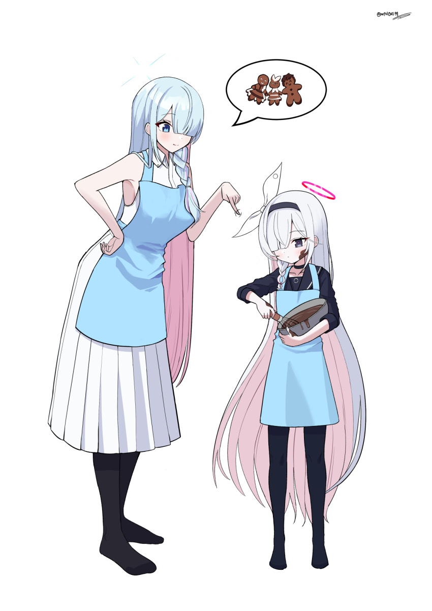 2girls alternate_costume apron aqua_hair armpits black_eyes black_pantyhose black_serafuku blue_apron blue_archive blue_eyes blunt_bangs bowl braid cameo chocolate chocolate_making chocolate_on_face collarbone colored_inner_hair commentary_request cookie doodle_sensei_(blue_archive) dual_wielding food food_on_face full_body general_student_council_president_(blue_archive) hair_over_one_eye hairband halo height_difference highres holding holding_bowl holding_whisk jetihyeon long_hair long_sleeves looking_at_another multicolored_hair multiple_girls pantyhose parted_bangs plana_(blue_archive) pointing school_uniform sensei_(blue_archive) serafuku shirt sidelocks simple_background single_braid skirt sleeveless sleeveless_shirt smile spoken_object standing transparent_background two-tone_hair very_long_hair whisk white_hair white_shirt white_skirt