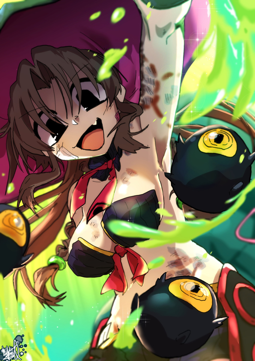 1girl absurdres armpit_peek black_bra black_eyes black_shorts bra braid breasts brown_hair bruise bruise_on_arm cleavage creature ed-chan_(edkuroki) edkuroki fang gauze_on_cheek green_background hair_intakes hat hickey highres injury long_hair looking_at_viewer medium_breasts messy_hair open_mouth original purple_hat shorts signature single_braid skin_fang solo underwear