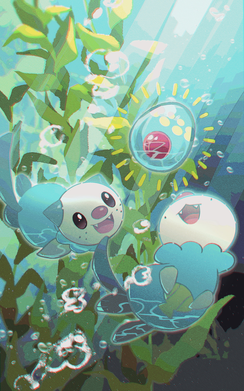 absurdres air_bubble black_eyes bubble commentary_request day egg fangs fukkatsu_no_maya full_body green_background highres holding kelp light_rays manaphy_egg no_humans open_mouth oshawott pokemon pokemon_(creature) pokemon_egg seashell shell smile sunbeam sunlight swimming tail underwater