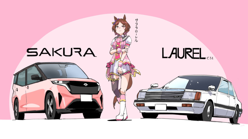 1girl 4me_4ma absurdres animal_ears black_thighhighs boots brown_hair car character_name highres horse_ears horse_girl horse_tail looking_at_viewer motor_vehicle name_connection nissan nissan_laurel nissan_sakura parted_bangs pink_background pink_eyes sakura_laurel_(umamusume) short_hair short_sleeves shorts single_thighhigh smile solo tail thighhighs umamusume white_footwear white_shorts wide_shot wrist_cuffs