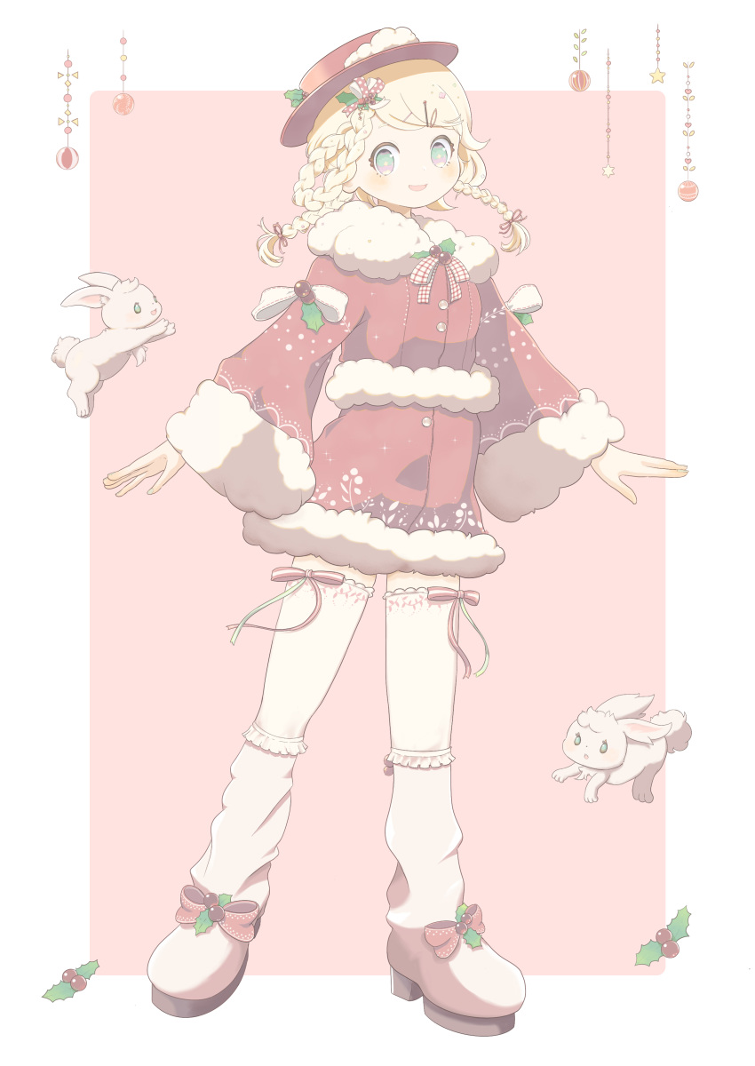 1girl absurdres blonde_hair boots braid christmas coat frills full_body highres knee_boots original pastel_colors platform_footwear platform_heels quinoko rabbit santa_costume solo thighhighs twin_braids