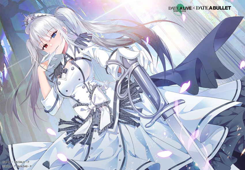 1girl breasts date_a_live date_a_live:_date_a_bullet date_a_live:_spirit_pledge dress dutch_angle gloves hat heterochromia holding holding_sword holding_weapon light medium_breasts official_art peaked_cap solo sword weapon white_dress white_gloves white_hair white_hat white_queen_(date_a_live)