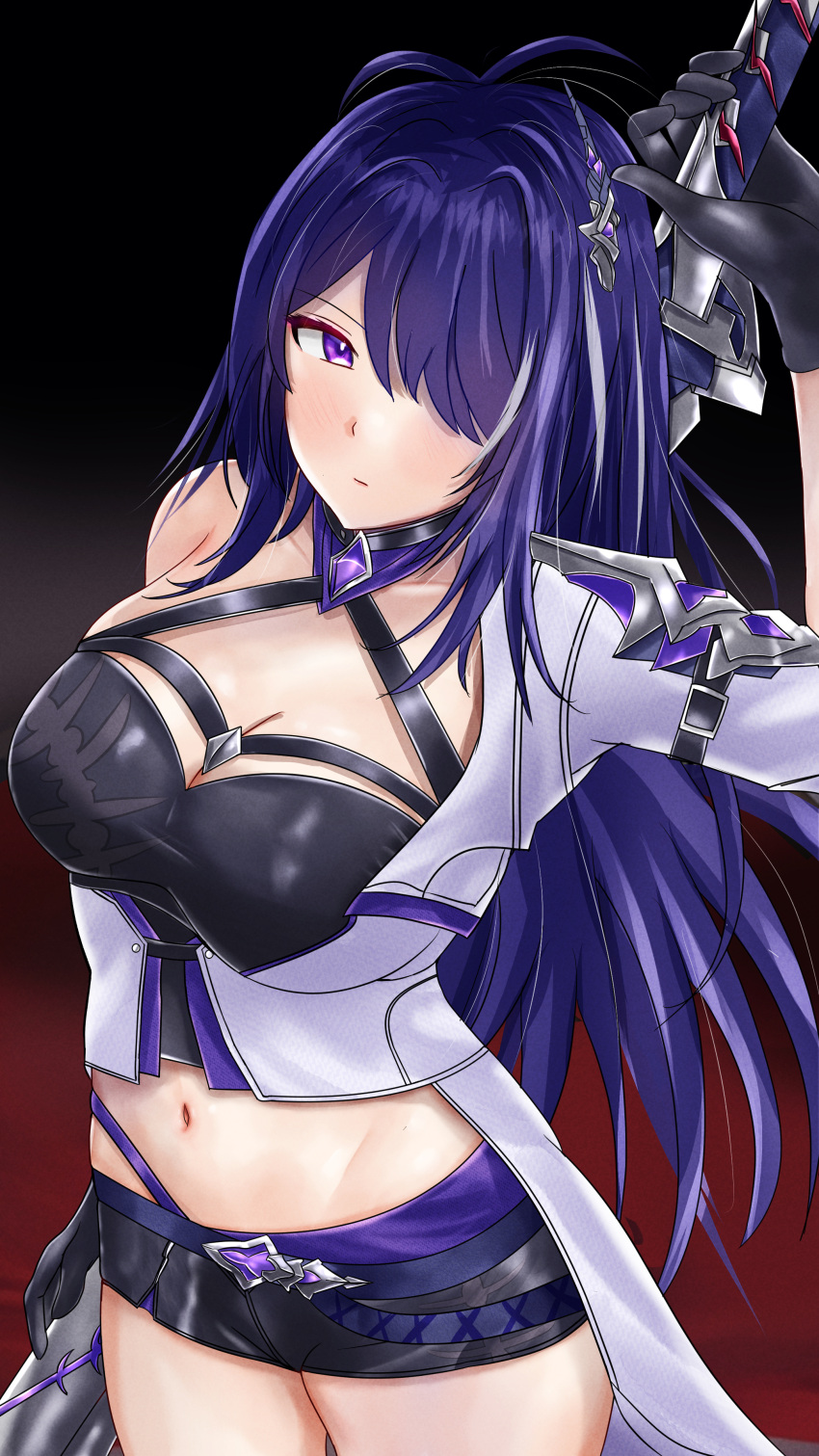 1girl absurdres acheron_(honkai:_star_rail) arm_up black_shorts breasts cleavage coat commentary cowboy_shot crop_top grey_eyes hair_over_one_eye halterneck highres holding holding_sword holding_weapon honkai:_star_rail honkai_(series) katana large_breasts long_hair looking_at_viewer midriff navel purple_hair short_shorts shorts single_bare_shoulder solo standing sword tabathaviltaria very_long_hair weapon white_coat