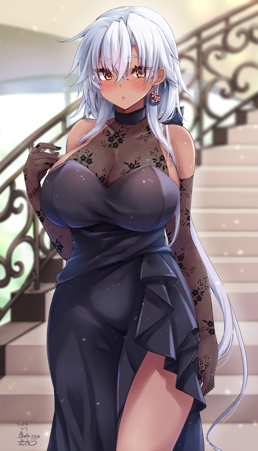 1girl absurdres black_dress black_nails black_sleeves blurry blurry_background blush breasts cleavage commentary_request dark-skinned_female dark_skin detached_sleeves dress drop_earrings earrings glasses hair_between_eyes highres jewelry kantai_collection large_breasts looking_at_viewer low_twintails mashiro_yukiya musashi_(kancolle) red_eyes ring see-through see-through_cleavage side_slit signature sleeveless sleeveless_dress solo stairs twintails wedding_ring