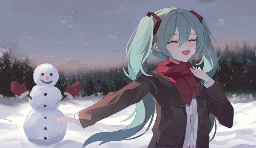 1girl :d ^_^ absurdres aqua_hair black_jacket blue_sky breath closed_eyes coat commentary forest hair_between_eyes hand_on_own_chest hand_up happy hatsune_miku highres jacket komogu_(pixiv_59363256) light_blush long_hair long_sleeves nature open_mouth outdoors outstretched_arm red_scarf scarf shirt sidelocks sky smile snowing snowman solo standing twintails vocaloid white_shirt winter