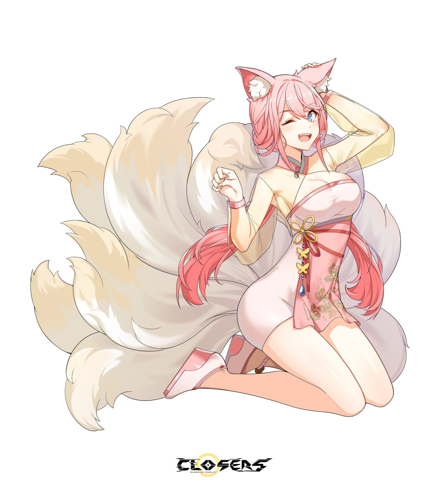 1girl ;d alternate_hair_color animal_ear_fluff animal_ears ankle_bell arm_up armpits bare_legs blue_eyes breasts cleavage cleavage_cutout closers clothing_cutout copyright_name dress fang fingernails fox_ears fox_girl fox_tail from_side full_body hand_on_own_ear hands_up high_heels highres kitsune kneeling kyuubi large_breasts layered_dress logo long_fingernails long_hair long_sleeves looking_at_viewer low_twintails multiple_tails official_art one_eye_closed open_mouth paw_pose pink_dress pink_hair see-through see-through_sleeves smile solo tachi-e tail teeth twintails two-tone_dress upper_teeth_only very_long_hair wedge_heels white_background white_footwear yellow_dress yellow_sleeves yellow_tail yuri_seo