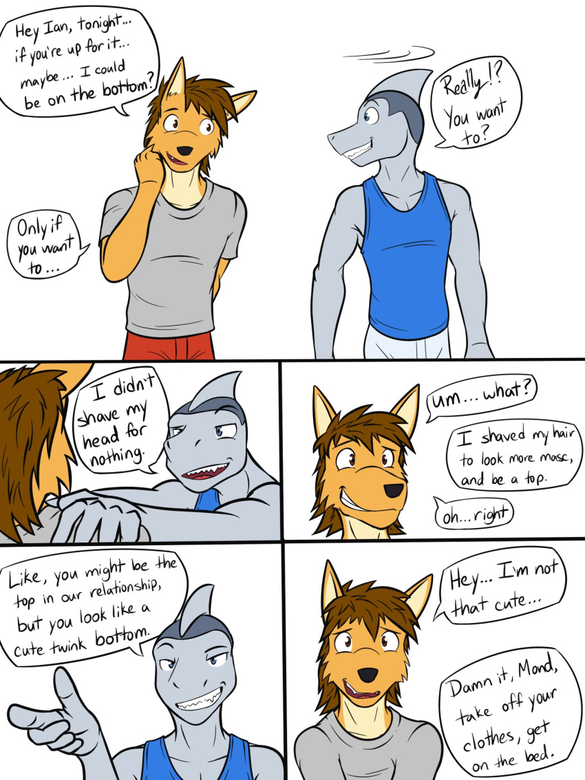 anthro canid canine canis clothed clothing comic coyote dialogue duo embarrassed english_text fish fully_clothed fuze hi_res ian_(fuze) male male/male mammal marine mond_reyes shark shirt simple_background t-shirt tank_top texnatsu text topwear white_background