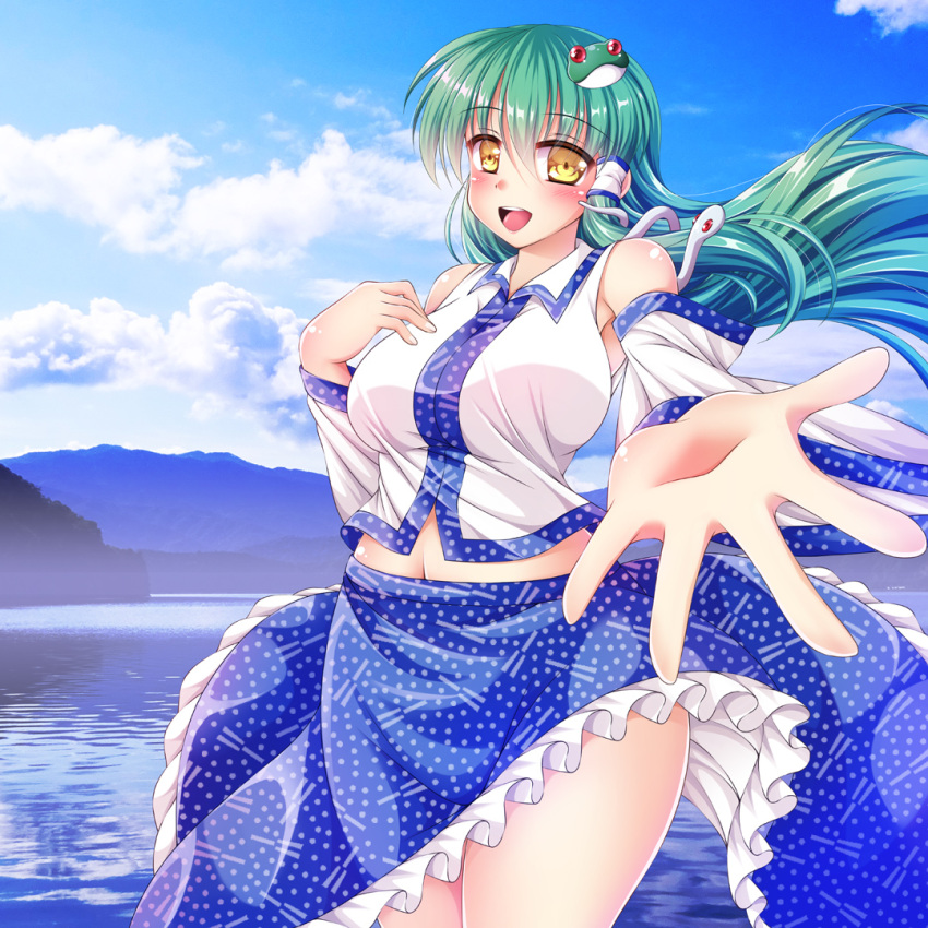 1girl bare_shoulders beckoning blue_skirt blue_sky blush breasts clothes_lift cloud collared_shirt cowboy_shot day detached_sleeves diao_ye_zong frilled_skirt frills frog_hair_ornament green_hair hair_lift hair_ornament hand_on_own_chest kochiya_sanae lake large_breasts long_hair long_sleeves midriff mountainous_horizon navel open_mouth outdoors outstretched_arm palms photo_background sagano_mito shirt single_hair_tube skirt skirt_lift sky sleeveless sleeveless_shirt smile snake solo teeth thighs touhou upper_teeth_only white_shirt white_sleeves wide_sleeves wind wind_lift yellow_eyes