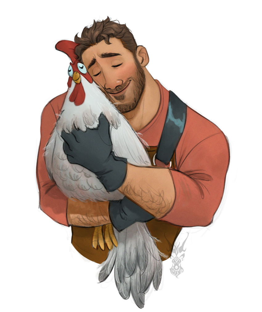 1boy affectionate bara beard bird blush brown_hair cheek_press chicken coral_island cropped_torso dark-skinned_male dark_skin david_ardinaryas facial_hair full_beard furrowed_brow happy highres male_focus mature_male rafael_(coral_island) short_hair solo thick_arm_hair thick_eyebrows