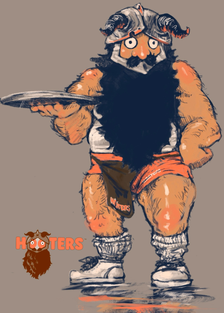 1boy alternate_costume bara bare_shoulders beard brown_hair dungeon_meshi dwarf employee_uniform facial_hair fake_horns florthier full_body hairy helmet highres hooters horned_helmet horns long_beard looking_at_viewer male_focus muscular muscular_male orange_shorts pelvic_curtain senshi_(dungeon_meshi) short_shorts shorts solo standing tank_top thick_arm_hair thick_leg_hair thick_mustache uniform very_long_beard white_tank_top