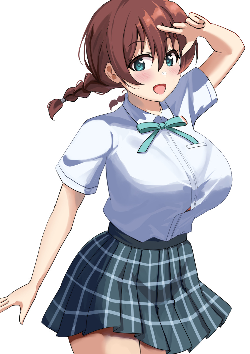 1girl :d absurdres aqua_eyes aqua_skirt blush braid breasts brown_hair commentary_request emma_verde hair_between_eyes highres large_breasts looking_at_viewer love_live! love_live!_nijigasaki_high_school_idol_club pisagi plaid plaid_skirt pleated_skirt school_uniform shirt short_sleeves short_twintails simple_background skirt smile solo twin_braids twintails white_background white_shirt