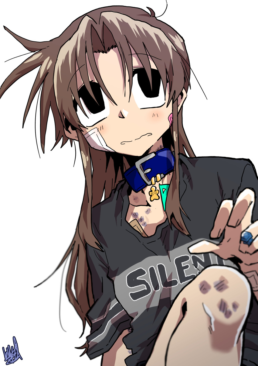 1girl absurdres bandaid bandaid_on_cheek bandaid_on_face black_eyes blue_collar brown_hair bruise collar collarbone ed-chan_(edkuroki) edkuroki gauze_on_cheek gauze_on_chest grey_shirt hair_intakes highres injury long_hair looking_to_the_side messy_hair open_mouth original pink_bandaid print_shirt shirt signature simple_background solo upper_body wavy_mouth white_background