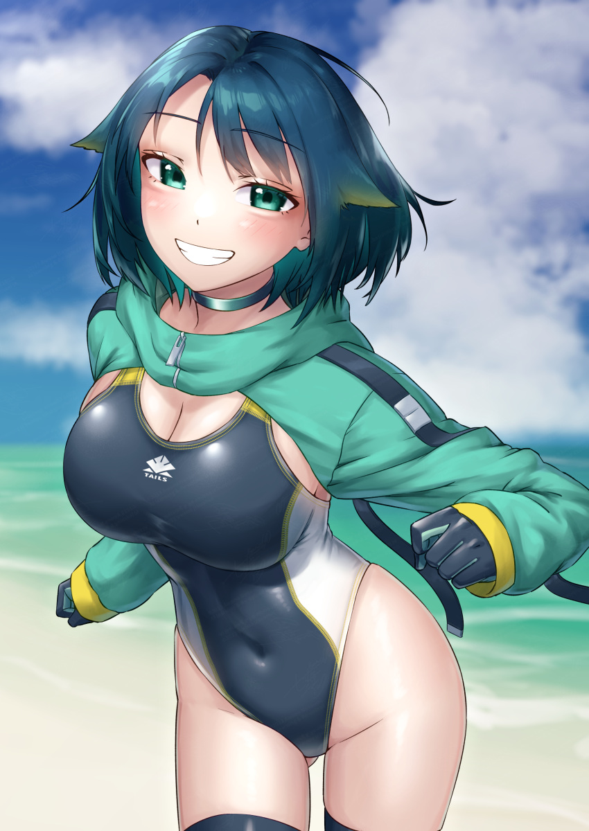 1girl absurdres awono_nanaumi beach black_choker black_gloves black_hair black_one-piece_swimsuit black_thighhighs blue_sky breasts choker cleavage cloud competition_swimsuit covered_navel day fukami_nana_(awono_nanaumi) gloves green_eyes green_shrug grin hair_flaps highleg highleg_swimsuit highres horizon large_breasts looking_at_viewer ocean one-piece_swimsuit original outdoors running short_hair shrug_(clothing) sky smile solo swimsuit thighhighs two-tone_swimsuit