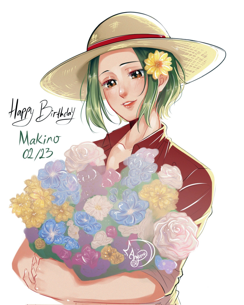 1girl anyumii136 blush bouquet brown_eyes character_name commentary dated flower green_hair hair_flower hair_ornament happy_birthday hat highres holding holding_bouquet looking_down makino_(one_piece) one_piece red_shirt shirt sidelocks simple_background smile straw_hat white_background