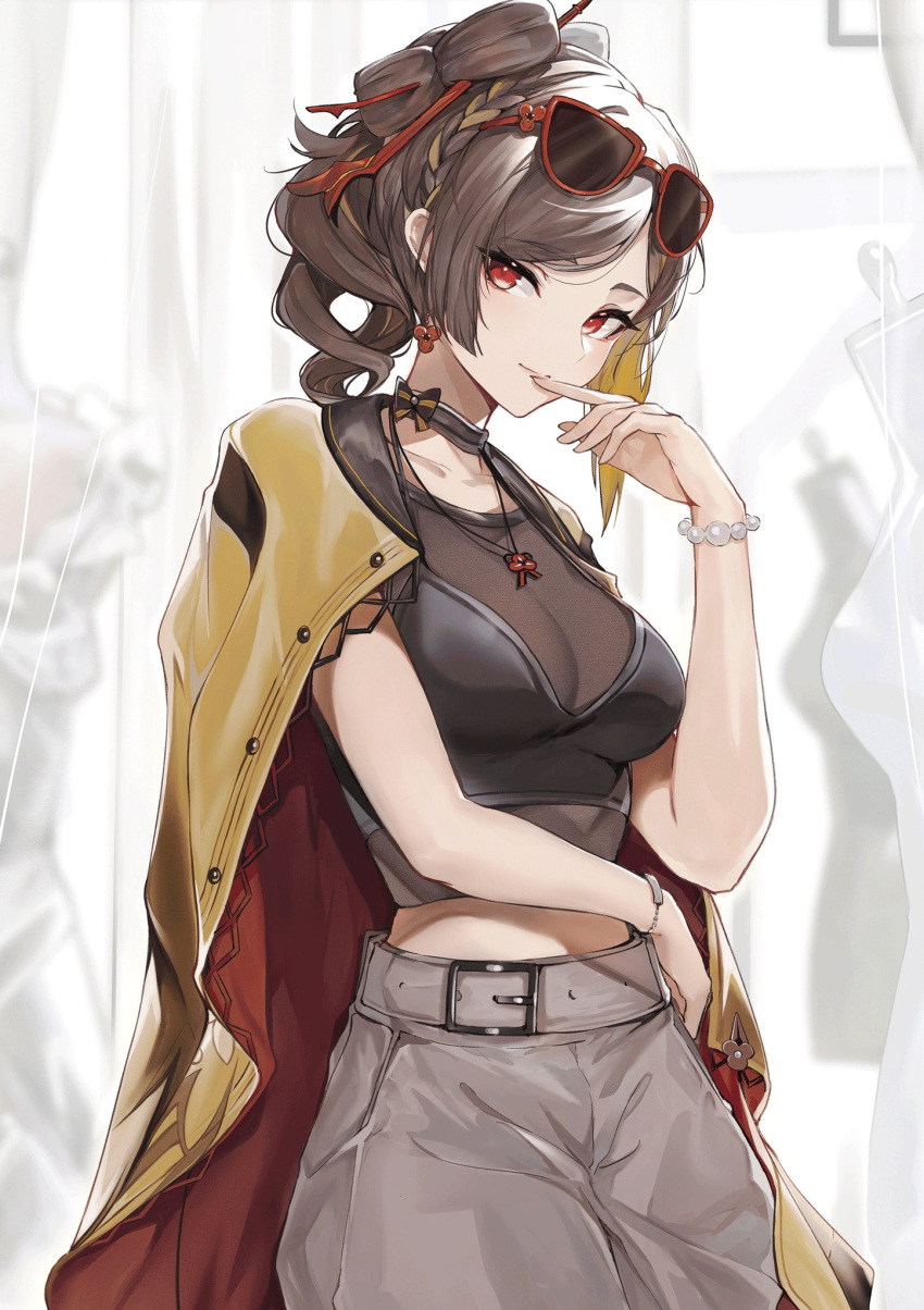 1girl alternate_costume black_hair black_shirt blonde_hair blurry blurry_background bow_choker breasts chiori_(genshin_impact) cleavage closed_mouth collarbone commentary cowboy_shot eyewear_on_head genshin_impact grey_pants highres jacket jacket_on_shoulders looking_at_viewer marumoru medium_breasts midriff multicolored_hair pants red-framed_eyewear red_eyes see-through see-through_cleavage shirt smile solo streaked_hair yellow_jacket