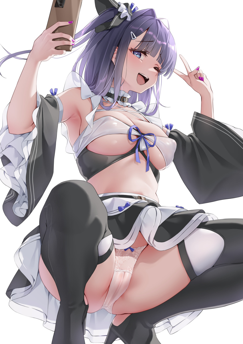 1girl absurdres armpits azur_lane bare_shoulders bikini black_footwear black_skirt black_sleeves blue_eyes blue_hair blue_ribbon boots breasts cellphone classic_(zildjian33) cleavage commentary_request detached_sleeves fingernails frilled_sleeves frills front-tie_top high_heel_boots high_heels highres holding holding_phone large_breasts liverpool_(azur_lane) looking_at_viewer maid maid_bikini miniskirt nail_polish one_eye_closed one_side_up open_mouth panties phone purple_nails ribbon selfie simple_background skirt smartphone smile solo squatting swimsuit thigh_boots thighs unconventional_maid underboob underbust underwear v white_background white_panties wide_sleeves