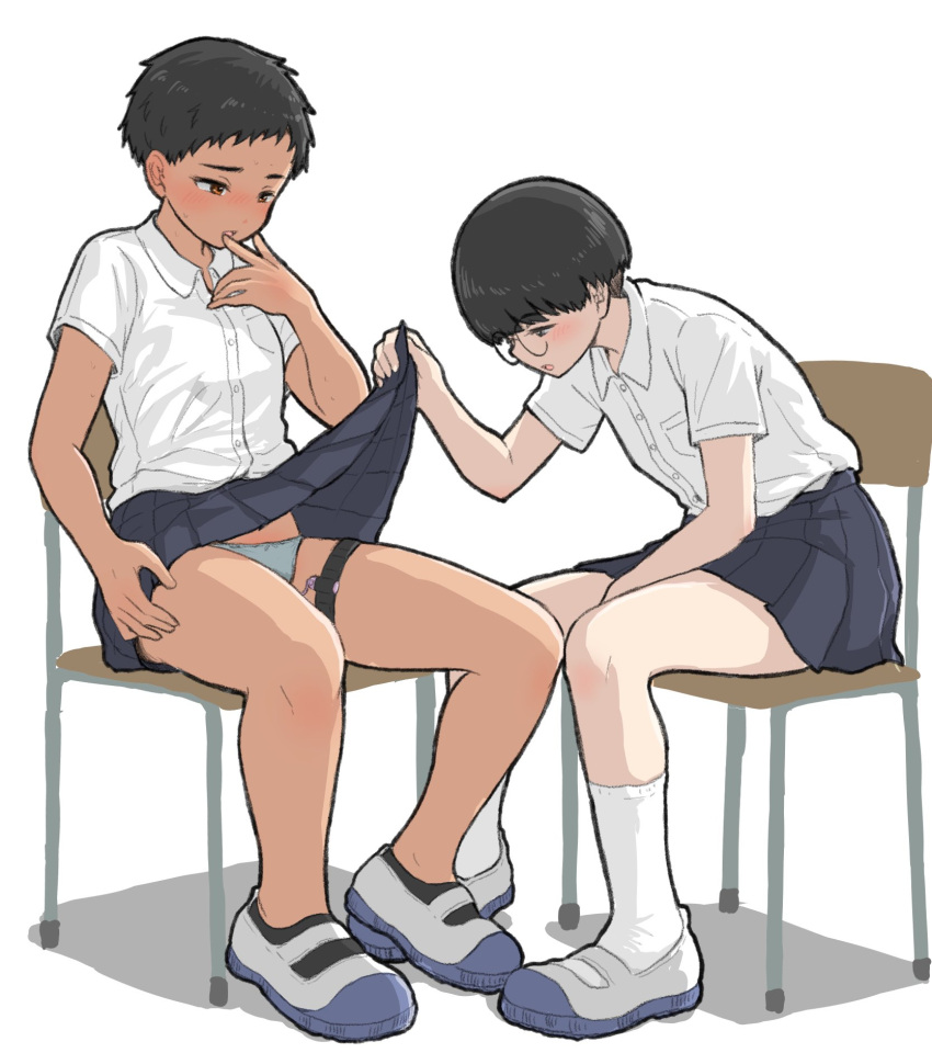 black_hair blush bowl_cut clothes_lift egg_vibrator glasses highres noe_aoikaba open_mouth original pixie_cut pleated_skirt school_uniform sex_toy shirt short_hair short_sleeves skirt skirt_lift socks tan tomboy vibrator vibrator_cord vibrator_in_thigh_strap vibrator_under_clothes white_shirt yuri