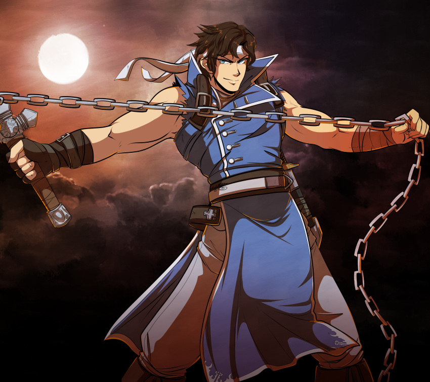 1boy absurdres bangs black_gloves blue_eyes castlevania closed_mouth cloud cowboy_shot cross fingerless_gloves full_moon gloves hairband highres holding holding_weapon ishmi looking_at_viewer male_focus moon muscular night outdoors outstretched_arms pants richter_belmont short_hair smile solo standing torn_clothes torn_sleeves v-shaped_eyebrows weapon whip white_hairband white_pants