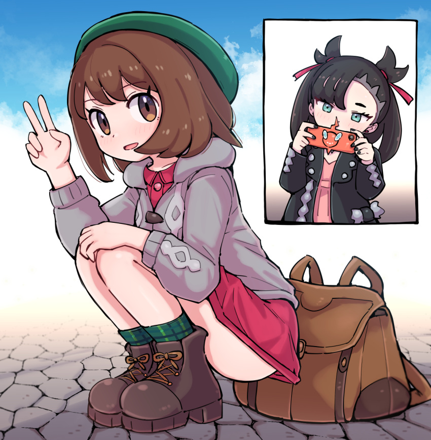 2girls ass backpack bag black_hair black_jacket black_nails boots brown_bag brown_footwear cardigan collared_dress commentary_request dress gloria_(pokemon) green_socks grey_cardigan hair_ribbon hand_up hat highres holding holding_phone hood hood_down hooded_cardigan jacket kutabireta_neko marnie_(pokemon) multiple_girls nail_polish phone pink_dress pokemon pokemon_swsh red_ribbon ribbon rotom rotom_phone socks speech_bubble tam_o'_shanter translation_request v