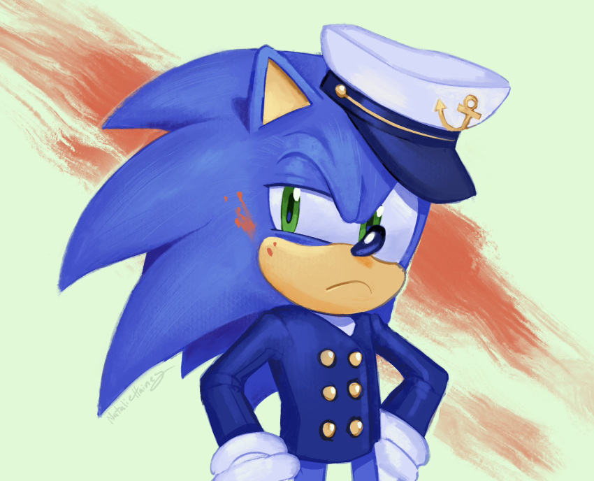 1boy english_commentary fake_blood furry furry_male gloves green_eyes hat hedgehog hedgehog_ears highres male_focus natalie_haines sailor_hat sonic_(series) sonic_the_hedgehog the_murder_of_sonic_the_hedgehog white_gloves white_hat