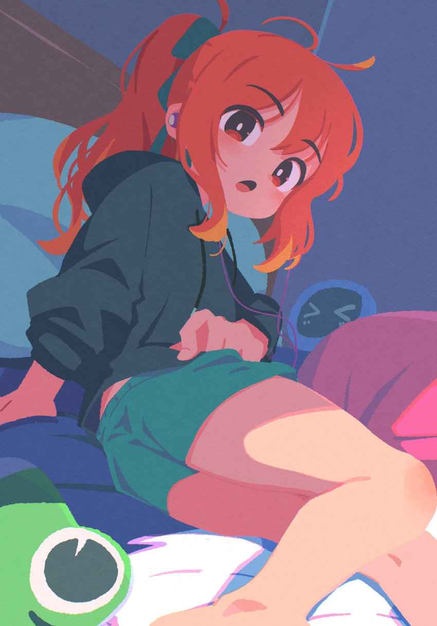 1girl blush earbuds earphones highres hood hoodie indoors light long_hair looking_at_viewer on_bed open_mouth orange_eyes orange_hair original ponytail shade short_shorts shorts sitting solo takarai_shunsuke