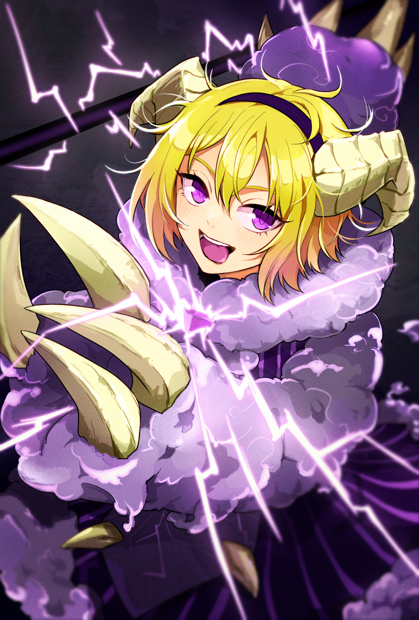 1girl blonde_hair claws commentary_request crack cracked_glass don_quixote_(project_moon) hair_between_eyes highres kazunari_(likuro137) limbus_company looking_at_viewer monster_girl open_mouth project_moon purple_eyes short_hair teeth tongue tongue_out upper_body