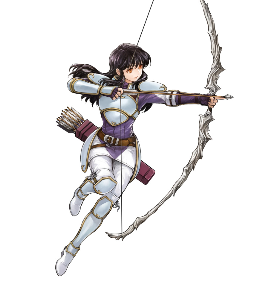 1girl arm_guards armor arrow_(projectile) astrid_(fire_emblem) belt black_hair boots bow_(weapon) breastplate closed_mouth faulds fingerless_gloves fire_emblem fire_emblem:_path_of_radiance fire_emblem:_radiant_dawn fire_emblem_heroes gloves gold_trim hands_up highres holding holding_bow_(weapon) holding_weapon long_hair long_sleeves looking_away official_art orange_eyes pants quiver shiny shiny_hair shoulder_armor solo transparent_background turtleneck uroko_(mnr) weapon white_footwear white_pants