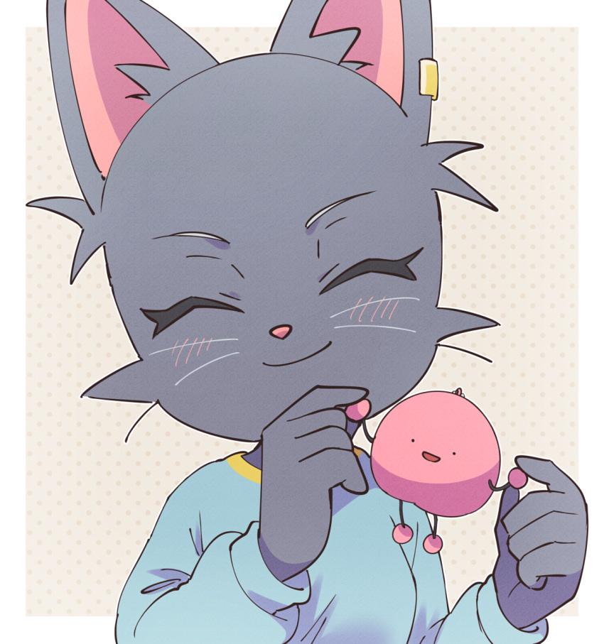 1girl :d ^_^ black_fur blue_shirt border cat_girl closed_eyes earclip facing_viewer furry furry_female highres holding holding_toy light_blush mitsuya_yuki odd_taxi omochiutyu polka_dot polka_dot_background portrait shirt smile snout toy white_border