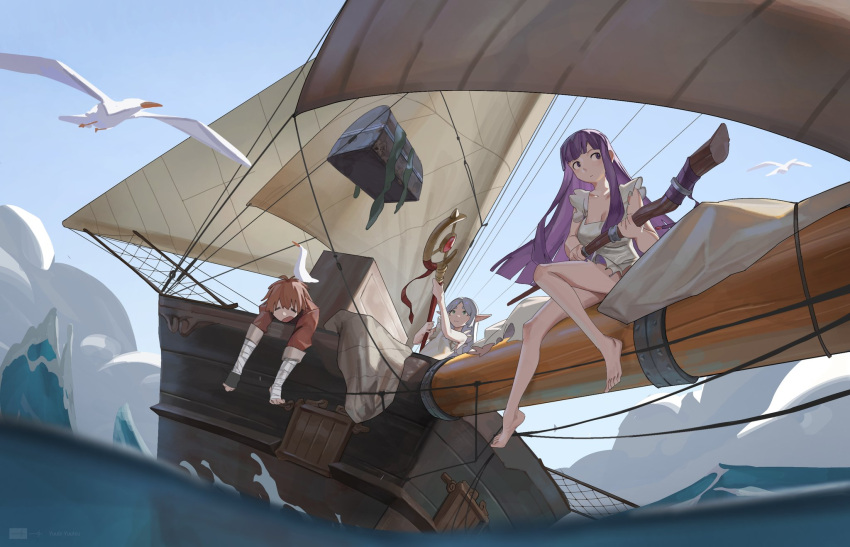 1boy 2girls arm_wrap bird boat breasts cleavage coat dress elf fern_(sousou_no_frieren) frieren green_eyes highres mage_staff mast mixed-language_commentary multiple_girls outdoors parted_bangs pointy_ears purple_hair purple_pupils red_coat red_hair sail sailing_ship sitting sousou_no_frieren standing stark_(sousou_no_frieren) straight_hair treasure_chest water watercraft white_dress white_hair yuubi_yuutsu