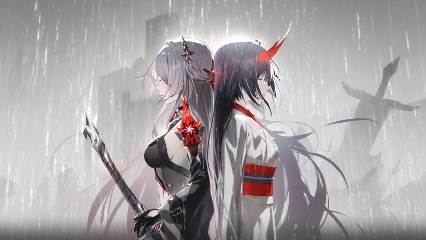 2girls absurdres acheron_(honkai:_star_rail) back-to-back black_gloves black_hair breasts closed_mouth crop_top from_side gloves grey_hair hair_ornament highres holding holding_sword holding_weapon honkai:_star_rail honkai_(series) horns japanese_clothes kimono light_trail long_hair long_sleeves medium_breasts multiple_girls obi official_alternate_color rain red_horns red_sash sash sword upper_body weapon white_kimono zirancike