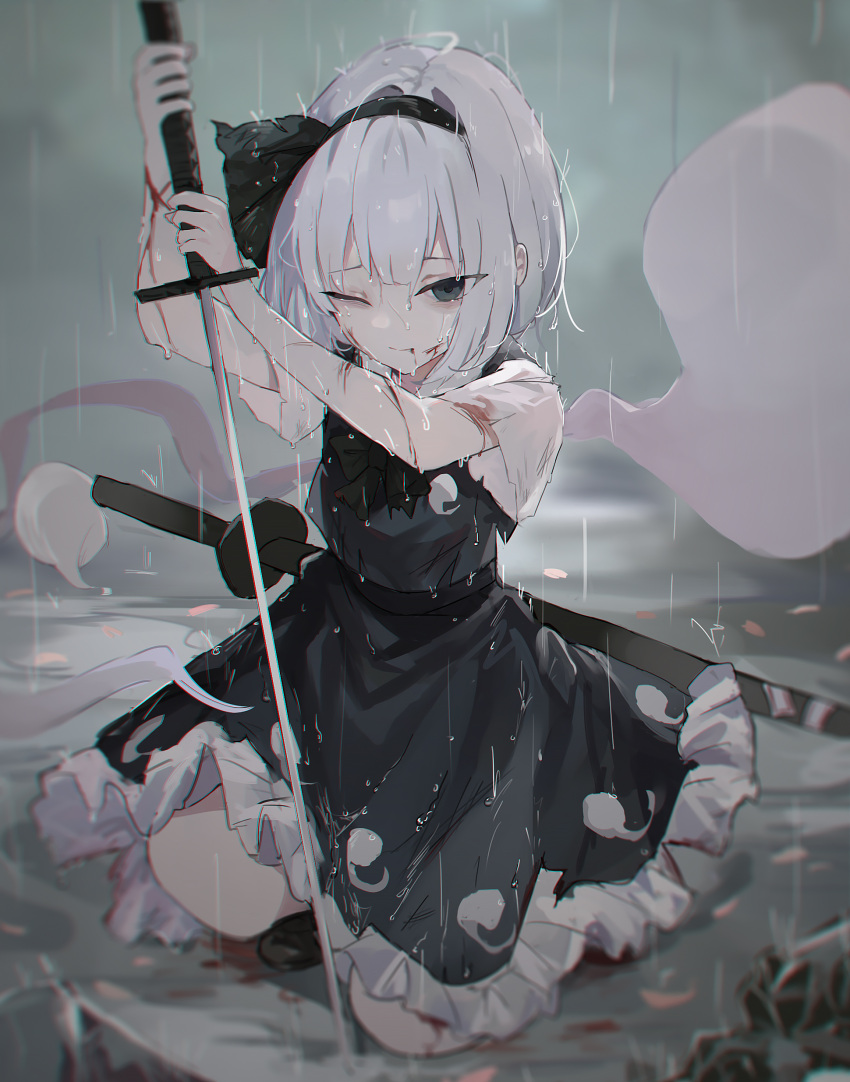 1girl absurdres black_dress black_footwear black_hairband bleeding blood commentary_request cuts dress frilled_skirt frills green_eyes hairband highres holding holding_sword holding_weapon injury kani_nyan katana kneeling konpaku_youmu konpaku_youmu_(ghost) looking_at_viewer medium_hair one_eye_closed parted_lips rain shirt short_sleeves skirt solo sword torn_clothes touhou weapon wet white_hair white_shirt