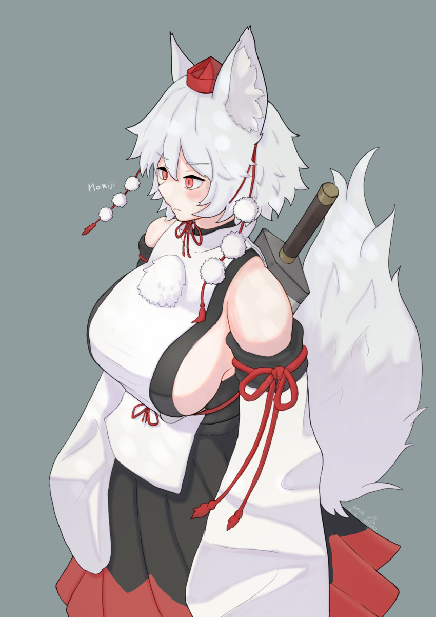 1girl animal_ears breasts detached_sleeves hat highres inubashiri_momiji large_breasts leaf maple_leaf red_eyes short_hair solo sword tail tokin_hat touhou warosufox weapon wolf_ears wolf_girl wolf_tail