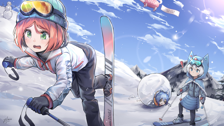 3girls animal_hood beanie black_pants blue_eyes blue_headwear capelet character_request cloud crying day fur-trimmed_capelet fur_trim gloves goggles goggles_on_headwear green_eyes hat highres hood jacket knit_hat mountain multiple_girls open_mouth osu! outdoors pants pink_hair skiing skis snow snowman tofumang white_hair white_jacket