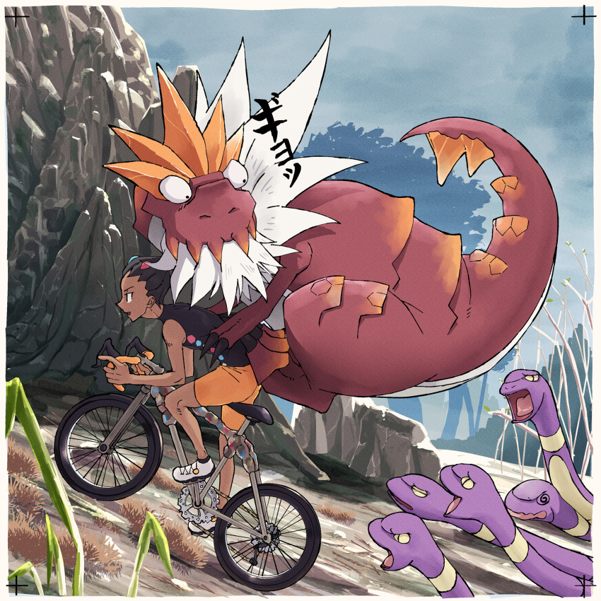 1boy @_@ bicycle black_eyes black_hair black_shirt border commentary_request dark-skinned_male dark_skin day ekans from_side grant_(pokemon) hair_ornament highres how_long looking_back male_focus open_mouth orange_shorts outdoors pokemon pokemon_(creature) pokemon_on_back pokemon_xy riding riding_bicycle rock shirt shoes short_hair shorts snake tyrantrum white_border white_footwear