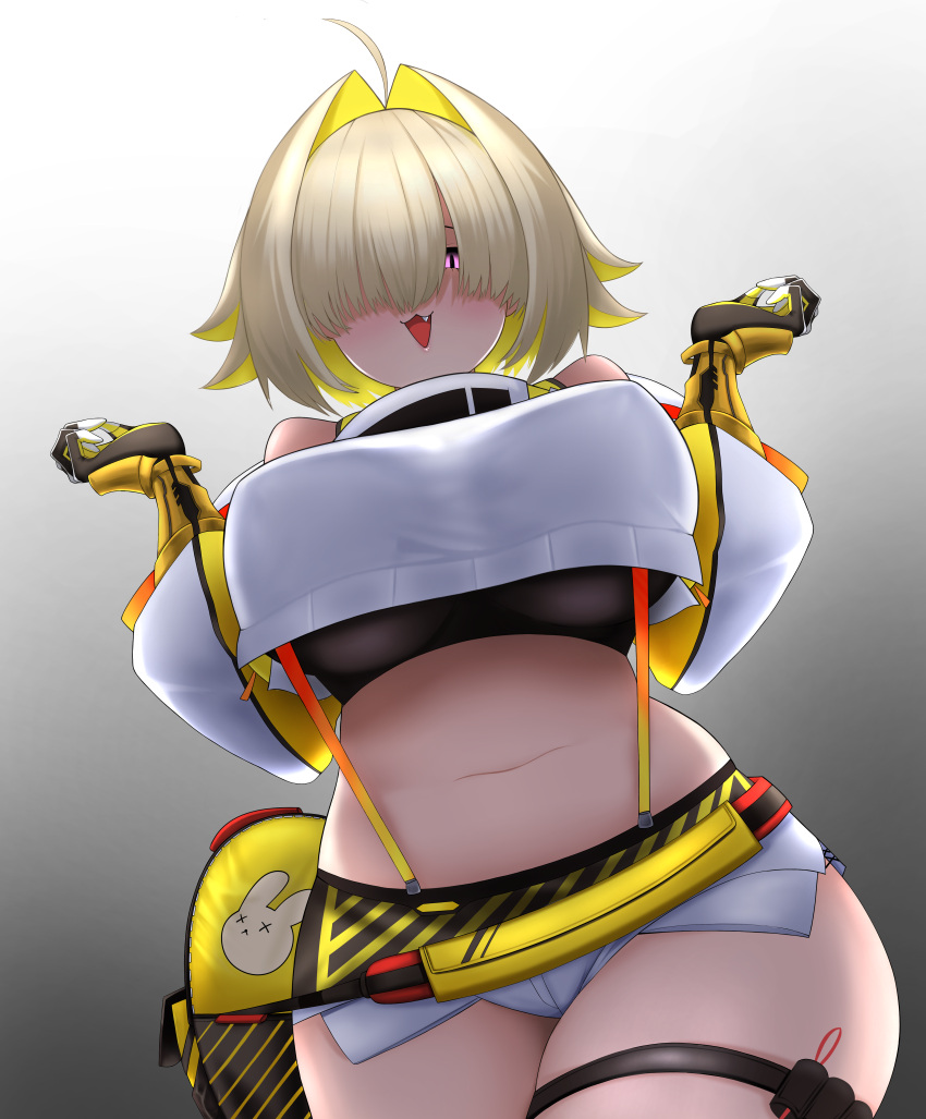 1girl :3 absurdres ahoge breasts cropped_jacket elegg_(nikke) fang gloves goddess_of_victory:_nikke gradient_background hair_intakes hair_over_eyes highres jacket large_breasts long_bangs navel purple_eyes shorts simple_background slave15 smile stomach thick_thighs thigh_strap thighs tongue white_jacket