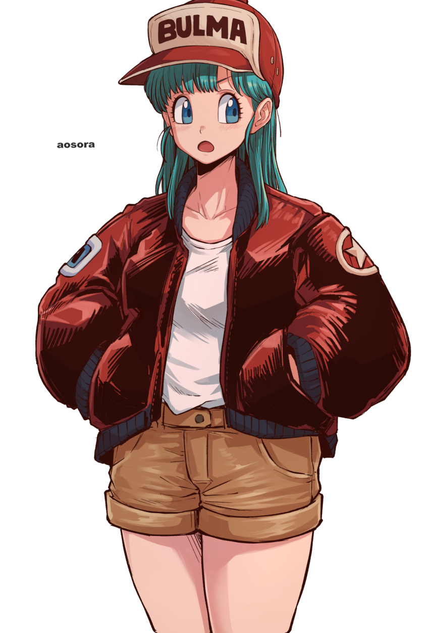 1girl aosora2823 aqua_hair baseball_cap blue_eyes brown_shorts bulma dragon_ball dragon_ball_(classic) hat highres jacket looking_to_the_side open_clothes open_jacket open_mouth red_jacket shirt shorts simple_background solo white_background white_shirt