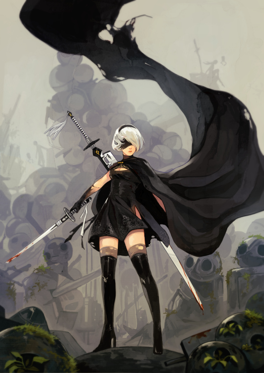 1girl 2b_(nier:automata) black_blindfold black_cloak black_dress black_footwear black_gloves blindfold blood blood_on_clothes blurry bob_cut boots breasts cleavage cloak closed_mouth cloud commentary covered_eyes depth_of_field dress english_commentary facing_viewer floating_clothes gloves grey_thighhighs hairband highres holding holding_sword holding_weapon ionomycin katana legs_apart mole mole_under_mouth moss nier:automata nier_(series) robot short_dress short_hair side_slit smoke solo standing swept_bangs sword sword_on_back tassel thigh_boots thighhighs torn_clothes torn_dress torn_gloves torn_thighhighs unsheathed weapon weapon_on_back zettai_ryouiki