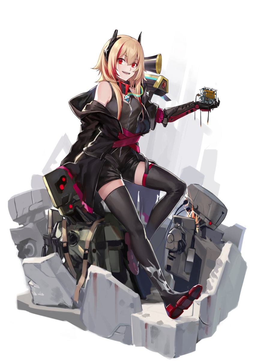 1girl banana_(girls_frontline) bare_shoulders blonde_hair boots commentary commentary_request core_(girls_frontline) cyclops_(girls_frontline) girls_frontline grin headgear highres jacket kcco_(girls_frontline) looking_at_viewer m4_sopmod_ii_(girls_frontline) mechanical_arms megaphone mod3_(girls_frontline) multicolored_hair off_shoulder red_eyes red_hair robot ruins shorts single_mechanical_arm smile streaked_hair thigh_boots thighhighs white_background xiaozilongjiang