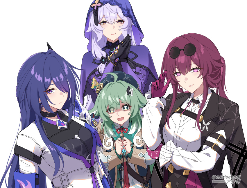 4girls absurdres acheron_(honkai:_star_rail) adapted_costume ahoge asiri_senpai bandaged_arm bandages black_gloves black_jacket black_shirt black_swan_(honkai:_star_rail) cape coat commentary eyewear_on_head gloves green_hair highres honkai:_star_rail honkai_(series) huohuo_(honkai:_star_rail) jacket kafka_(honkai:_star_rail) long_hair looking_at_viewer multicolored_hair multiple_girls open_mouth own_hands_together purple_cape purple_eyes purple_gloves purple_hair shirt simple_background streaked_hair sunglasses upper_body veil very_long_hair white_background white_coat white_hair white_shirt yellow_eyes