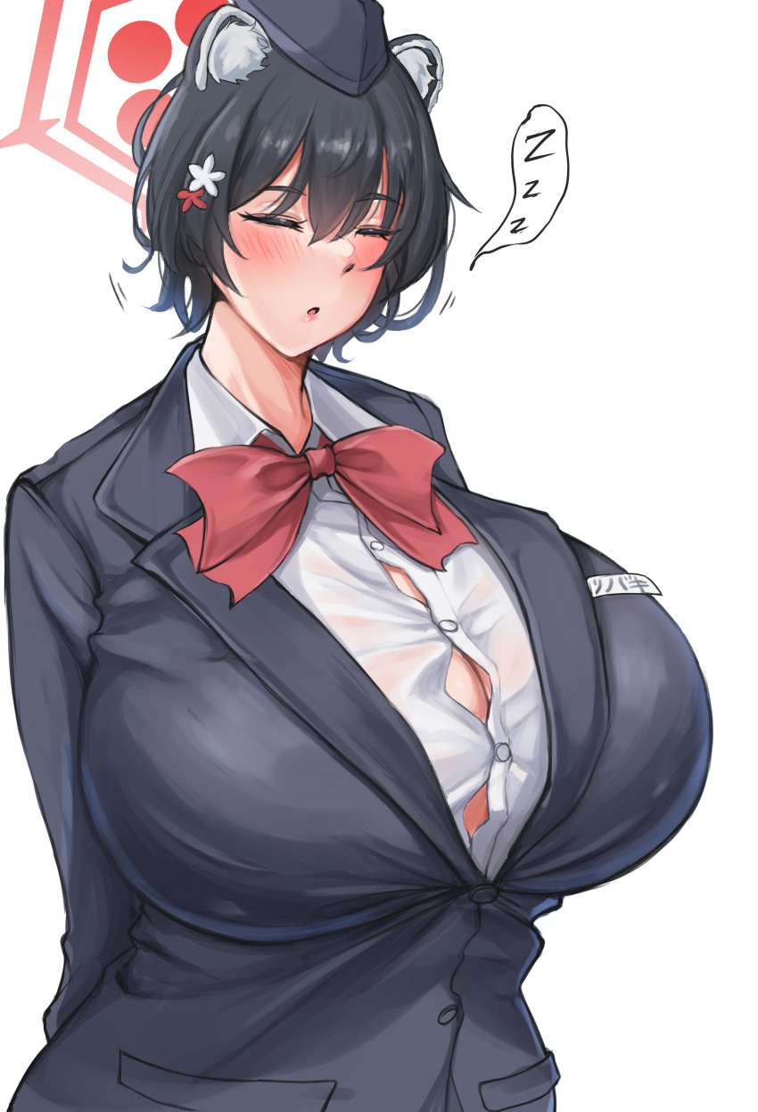 1girl :o absurdres animal_ear_fluff animal_ears black_hair black_hat black_jacket blue_archive blush breasts bursting_breasts cleavage closed_eyes collared_shirt commentary_request garrison_cap halo hat highres huge_breasts jacket long_sleeves mechanical_halo minori_(user_eket5233) name_tag open_mouth shirt simple_background sleeping solo tsubaki_(blue_archive) tsubaki_(guide)_(blue_archive) upper_body white_background white_shirt