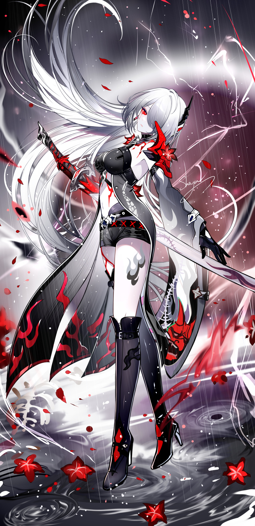 1girl absurdres acheron_(honkai:_star_rail) black_coat black_footwear black_gloves black_shorts boots breasts coat commentary_request detached_sleeves flower gloves hair_ornament hair_over_one_eye high_heel_boots high_heels highres honkai:_star_rail honkai_(series) katana leg_tattoo long_hair long_sleeves looking_at_viewer medium_breasts midriff navel official_alternate_color rain red_eyes red_flower revision scabbard sheath sheya short_shorts shorts solo standing stomach sword tattoo very_long_hair weapon white_hair wide_sleeves