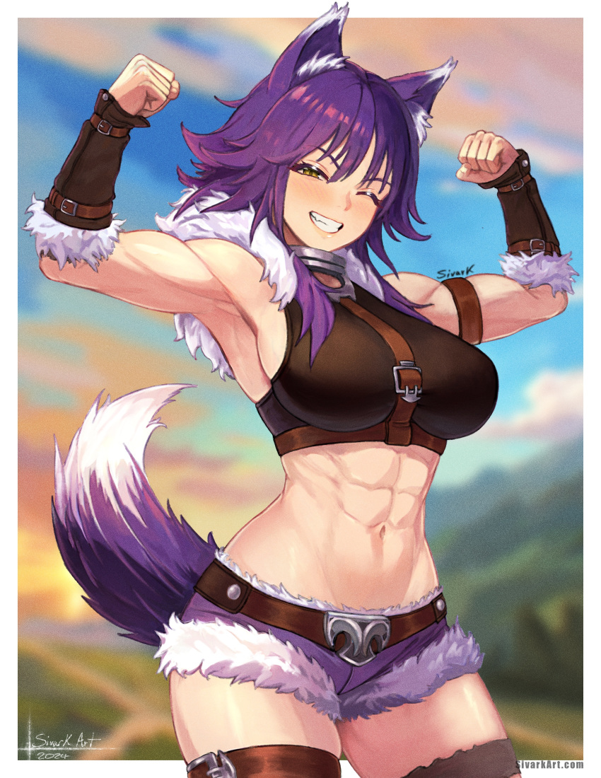 1girl abs absurdres animal_ear_fluff animal_ears arm_belt arm_warmers armpits bare_shoulders belt black_shirt blue_sky breasts brown_belt cloud cloudy_sky collar cowboy_shot cropped_shirt english_commentary flexing fur-trimmed_shorts fur_trim grin groin hair_between_eyes half-closed_eye highres large_breasts leg_belt light_blush long_hair looking_at_viewer makoto_(princess_connect!) metal_collar midriff muscular muscular_female navel one_eye_closed princess_connect! purple_hair purple_shorts shirt short_shorts shorts sidelocks signature sivarkart skindentation sky sleeveless sleeveless_shirt smile solo standing sunset tail teeth thigh_strap tomboy underbust web_address wolf_ears wolf_girl wolf_tail yellow_eyes