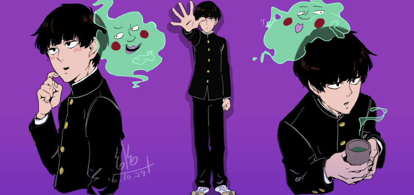 1boy black_eyes black_hair black_jacket black_pants black_sleeves blunt_bangs blush_stickers clenched_hand collared_jacket commentary_request creature_on_head cropped_torso cup dated drink ekubo_(mob_psycho_100) fingernails full_body gakuran ghost green_tea high_collar holding holding_drink jacket kageyama_shigeo long_sleeves lower_teeth_only male_focus mob_psycho_100 multiple_views open_mouth outstretched_hand pants purple_background school_uniform scratching_cheek shadow shoes short_hair signature simple_background smile sneakers steam straight-on tea teeth u_u_ki_u_u upper_teeth_only white_footwear yunomi