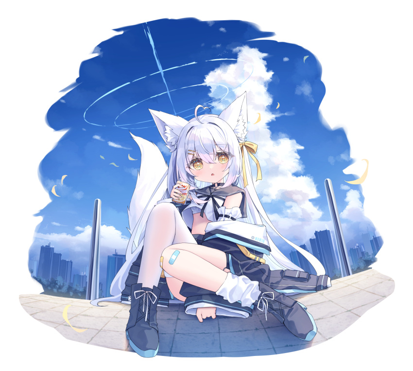 1girl ahoge animal_ear_fluff animal_ears between_legs black_footwear black_jacket black_ribbon black_sailor_collar black_skirt blue_sky boots bra breasts brown_eyes building cloud commentary_request crop_top day fox_ears fox_girl fox_tail hair_between_eyes hand_between_legs heart heart_ahoge highres holding jacket long_hair long_sleeves loose_socks neck_ribbon off_shoulder open_clothes open_jacket original parted_lips petals pleated_skirt ribbon sailor_collar satsuki_yukimi shirt single_thighhigh skirt sky sleeves_past_wrists small_breasts socks solo tail thighhighs underwear very_long_hair white_bra white_hair white_shirt white_socks white_thighhighs wide_sleeves