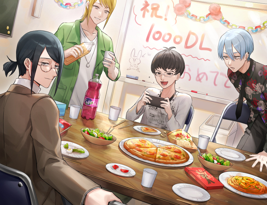 4boys antenna_hair ash_(inkya_lovecome) bag_of_chips bags_under_eyes black_eyes black_hair black_necktie blonde_hair blue_hair bob_cut bottle brown_jacket chair closed_mouth cup ear_chain ear_piercing empty_eyes expressionless folding_chair food glasses green_jacket grey_eyes grin half-closed_eyes highres holding holding_bottle holding_cup indoors inkya_lovecome jacket jewelry light_smile looking_at_another looking_at_phone looking_at_viewer looking_back male_focus milestone_celebration mole mole_under_mouth multiple_boys napolitan necklace necktie nishimura_haruhi no_pupils on_chair oohashi_taiga open_clothes open_jacket phone piercing pizza pocky print_shirt ring ring_necklace salad shirt short_hair short_ponytail sidelocks sitting smile soda_bottle table tsugai_kouto tsugutoku v-shaped_eyebrows white_shirt whiteboard