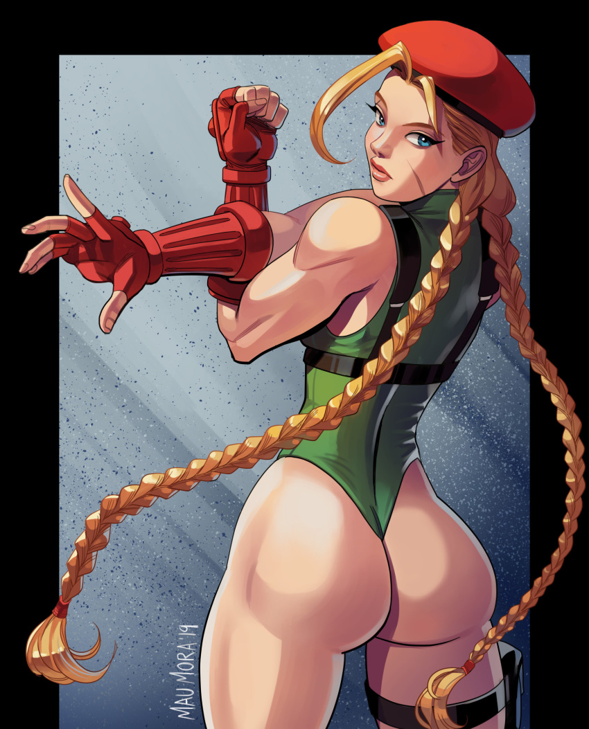 1girl ass back_turned beret blonde_hair blue_eyes braid cammy_white capcom fingerless_gloves gloves green_leotard hat highres holster huge_ass leotard looking_at_viewer mau_mora red_gloves scar scar_on_cheek scar_on_face signature street_fighter street_fighter_v thigh_holster thighs thong_leotard twin_braids